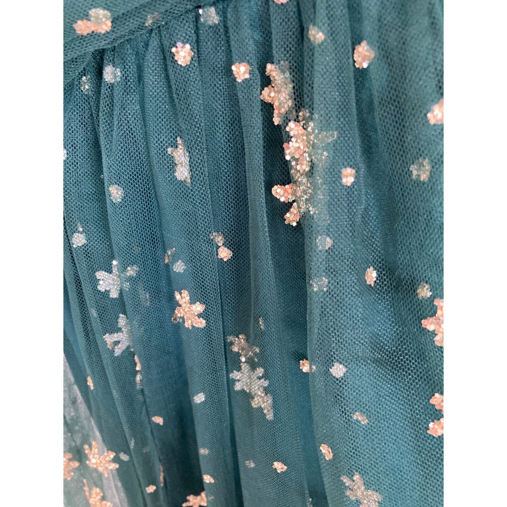 Soieblu Forest Green Tulle Gold Glitter Star Snowflake V-Neck Midi Dress M - Picture 8 of 9